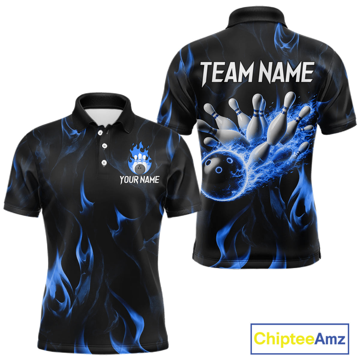 Custom Blue Flames Bowling Shirt for Men Bowling Team Jersey Bowling Outfit QZT1216