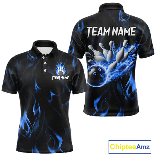 Custom Blue Flames Bowling Shirt for Men Bowling Team Jersey Bowling Outfit QZT1216