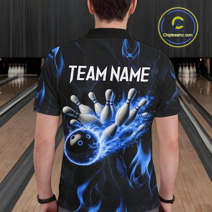 Custom Blue Flames Bowling Shirt for Men Bowling Team Jersey Bowling Outfit QZT1216