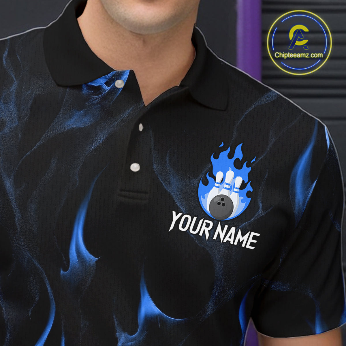 Custom Blue Flames Bowling Shirt for Men Bowling Team Jersey Bowling Outfit QZT1216