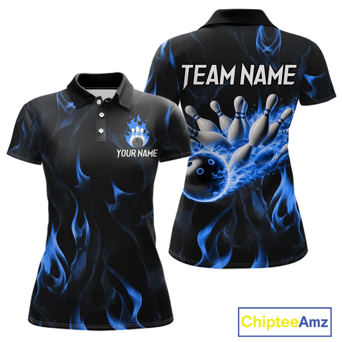 Custom Blue Flames Bowling Shirt for Women Bowling Team Jersey Bowling Outfit QZT1216