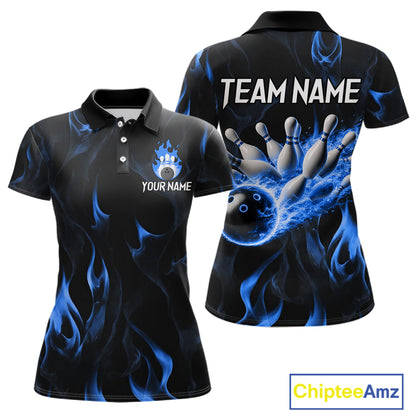 Custom Blue Flames Bowling Shirt for Women Bowling Team Jersey Bowling Outfit QZT1216