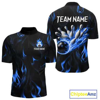 Custom Blue Flames Bowling Shirt for Men Bowling Team Jersey Bowling Outfit QZT1216