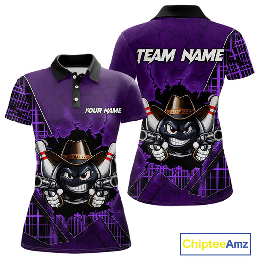 Custom Purple Funny Cowboy Gun Bowling Shirt for Women Bowling Team Jersey Bowling Polo & Quarter-Zip  QZT915