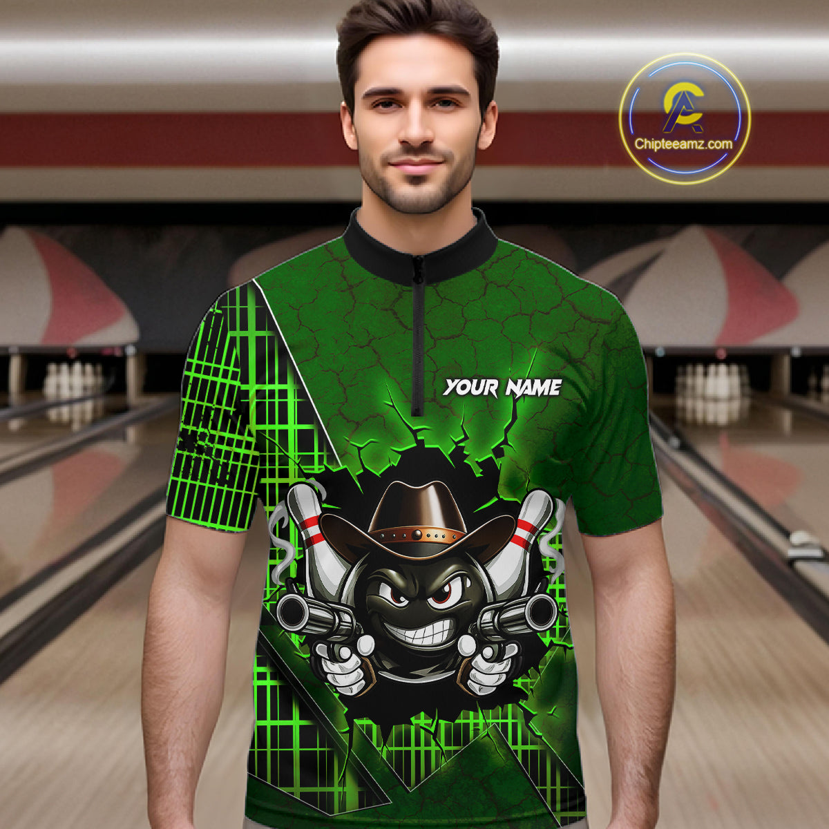 Custom Green Funny Cowboy Gun Bowling Shirt for Men Bowling Team Jersey Bowling Polo & Quarter-Zip QZT915