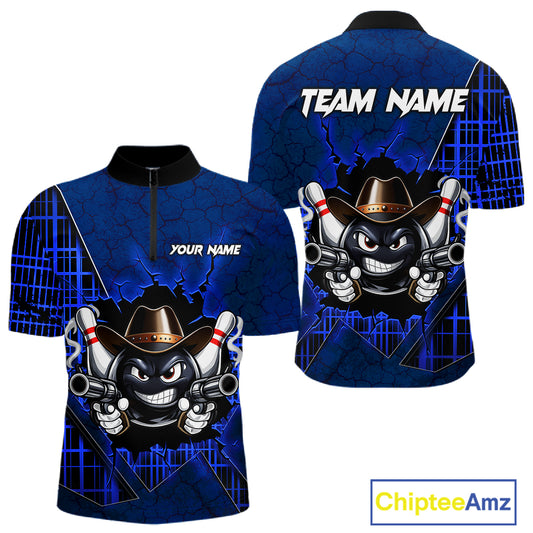 Custom Blue Funny Cowboy Gun Bowling Shirt for Men Bowling Team Jersey Bowling Polo & Quarter-Zip QZT915