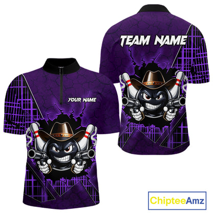 Custom Purple Funny Cowboy Gun Bowling Shirt for Men Bowling Team Jersey Bowling Polo & Quarter-Zip QZT915