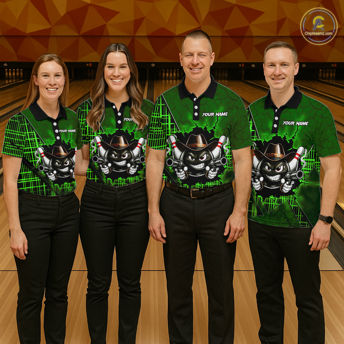 Custom Green Funny Cowboy Gun Bowling Shirt for Men Bowling Team Jersey Bowling Polo & Quarter-Zip QZT915
