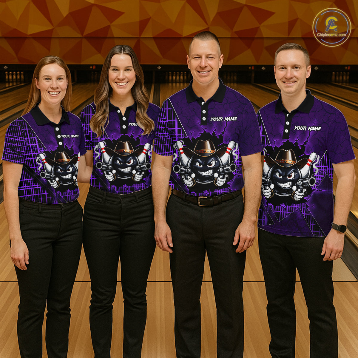 Custom Purple Funny Cowboy Gun Bowling Shirt for Women Bowling Team Jersey Bowling Polo & Quarter-Zip  QZT915