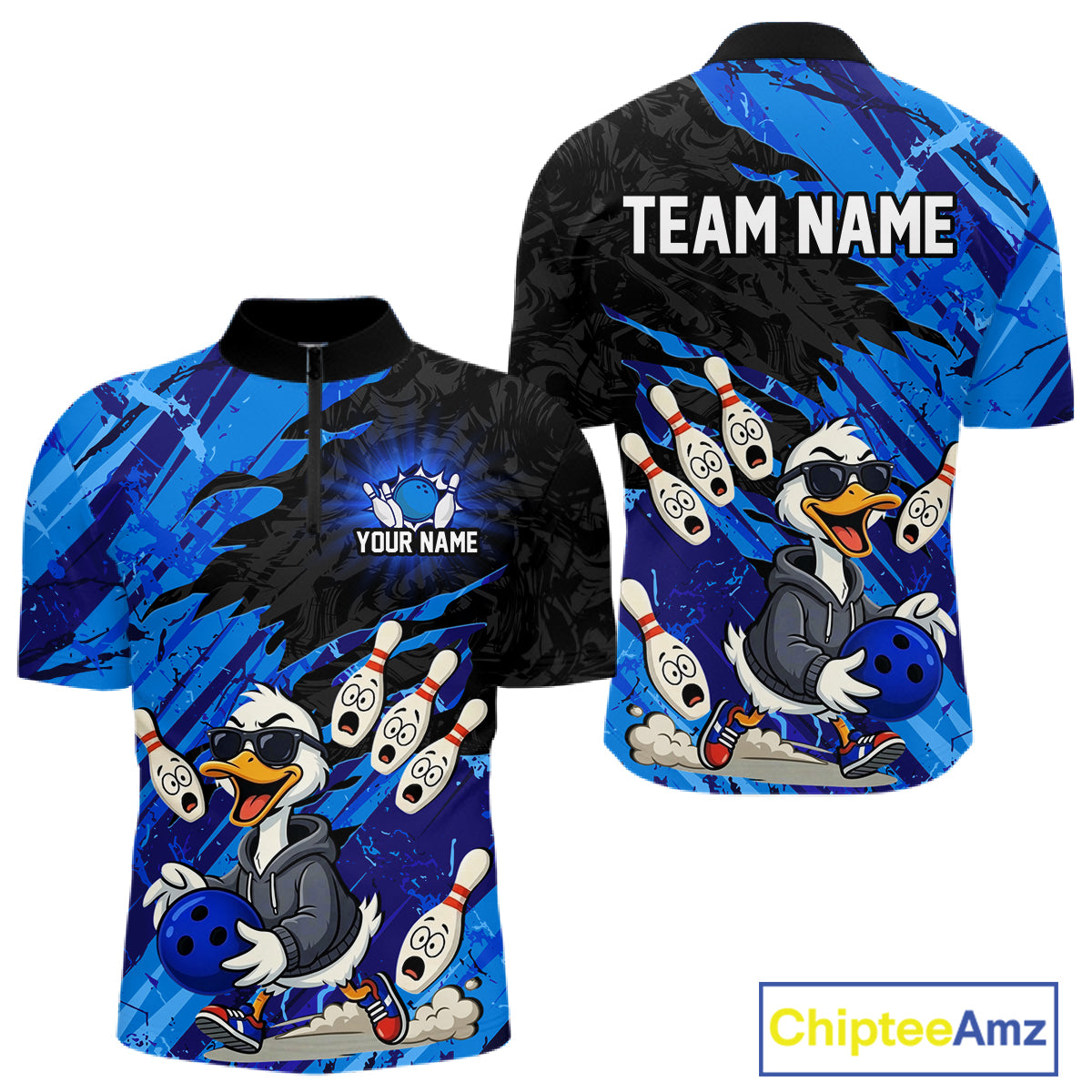 Blue Funny Duck Bowling Shirt for Men Custom Bowling Team Jersey Bowling League Polo & Quarter-Zip QZT944