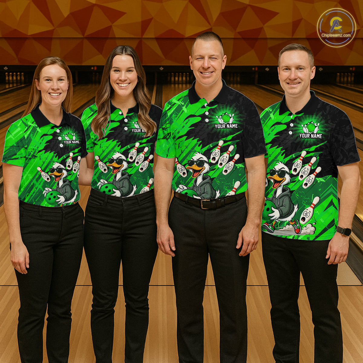 Green Funny Duck Bowling Shirt for Women Custom Bowling Team Jersey Bowling League Polo & Quarter-Zip QZT944