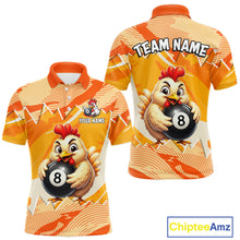 Load image into Gallery viewer, Colorful polo shirt with cartoon chicken holding a pool ball and 'Team Name' text on a white background.