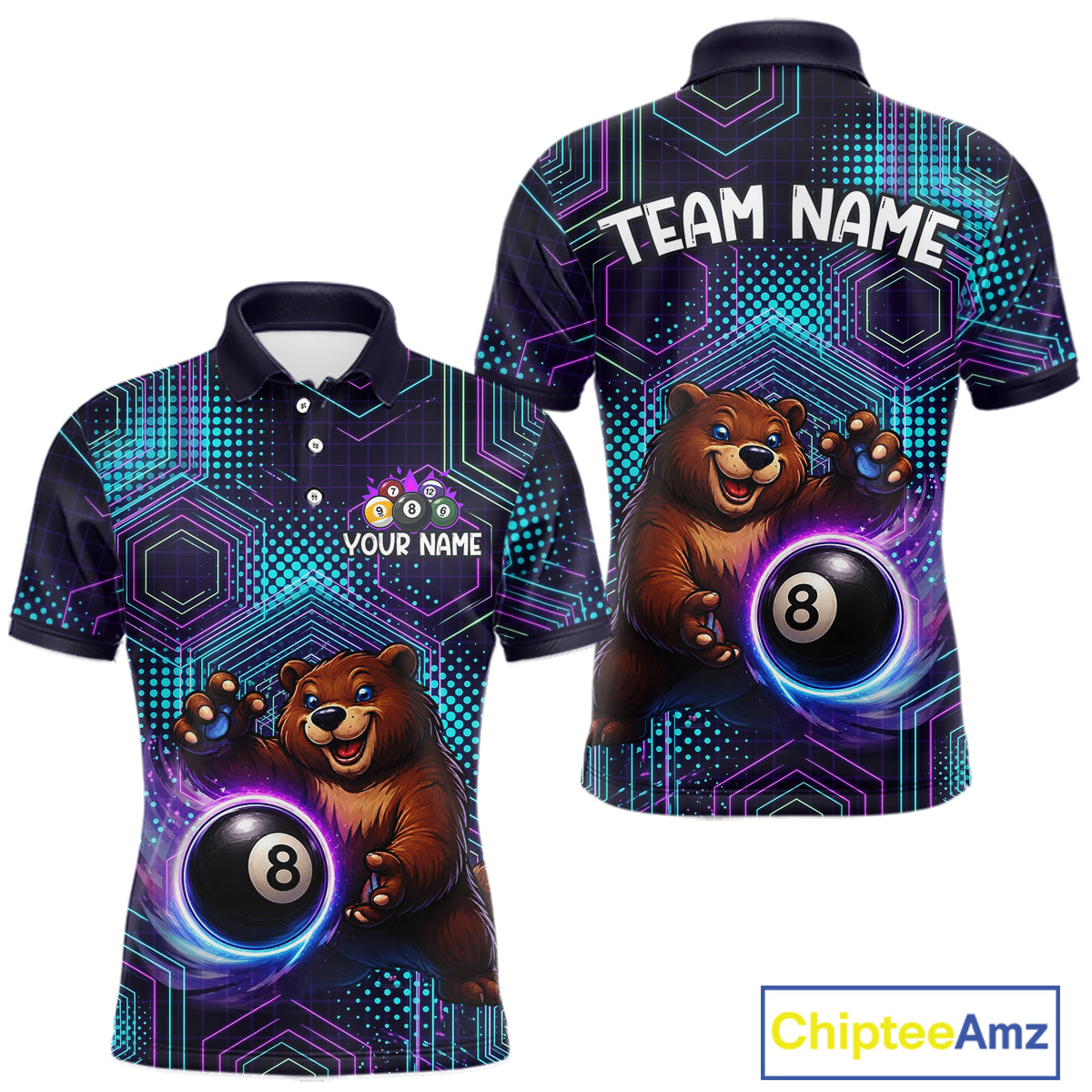 Polo shirt with bear and 8-ball design on a geometric pattern, featuring 'Team Name' and 'Your Name' text.