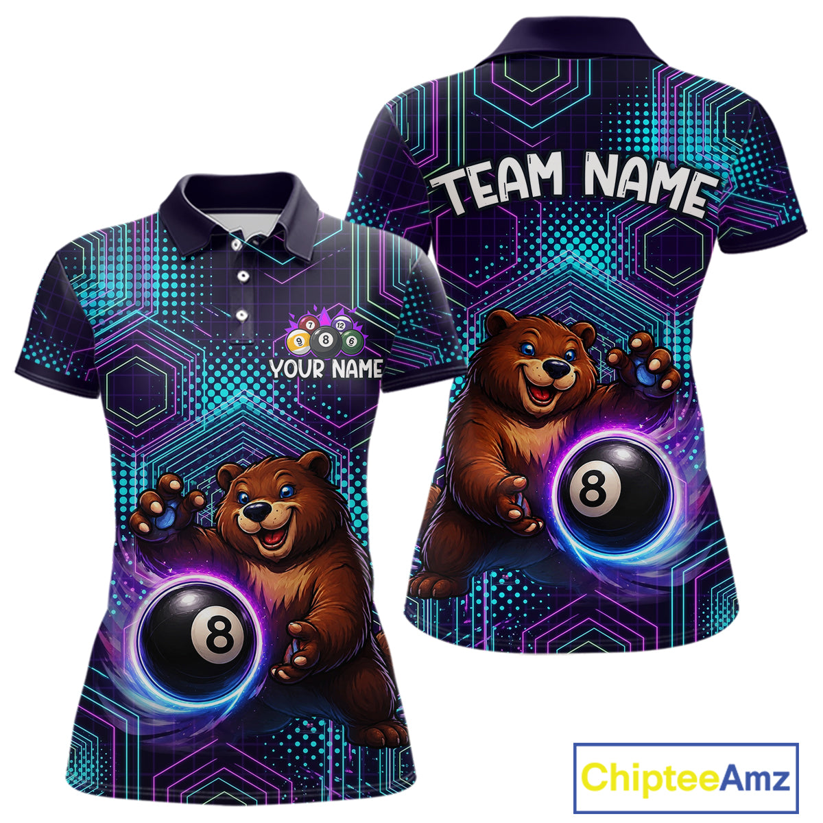 Polo shirt with bear and pool ball design, customizable text, and Chiptee Amz branding.