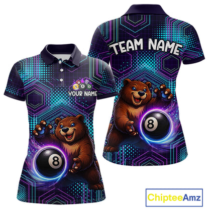 Polo shirt with bear and pool ball design, customizable text, and Chiptee Amz branding.