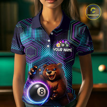 Load image into Gallery viewer, Person wearing a shirt with a bear holding an eight-ball design, with a pool table in the background.