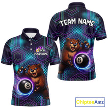 Load image into Gallery viewer, Polo shirt with bear and 8-ball design on a geometric pattern, featuring 'Team Name' and 'Your Name' text.