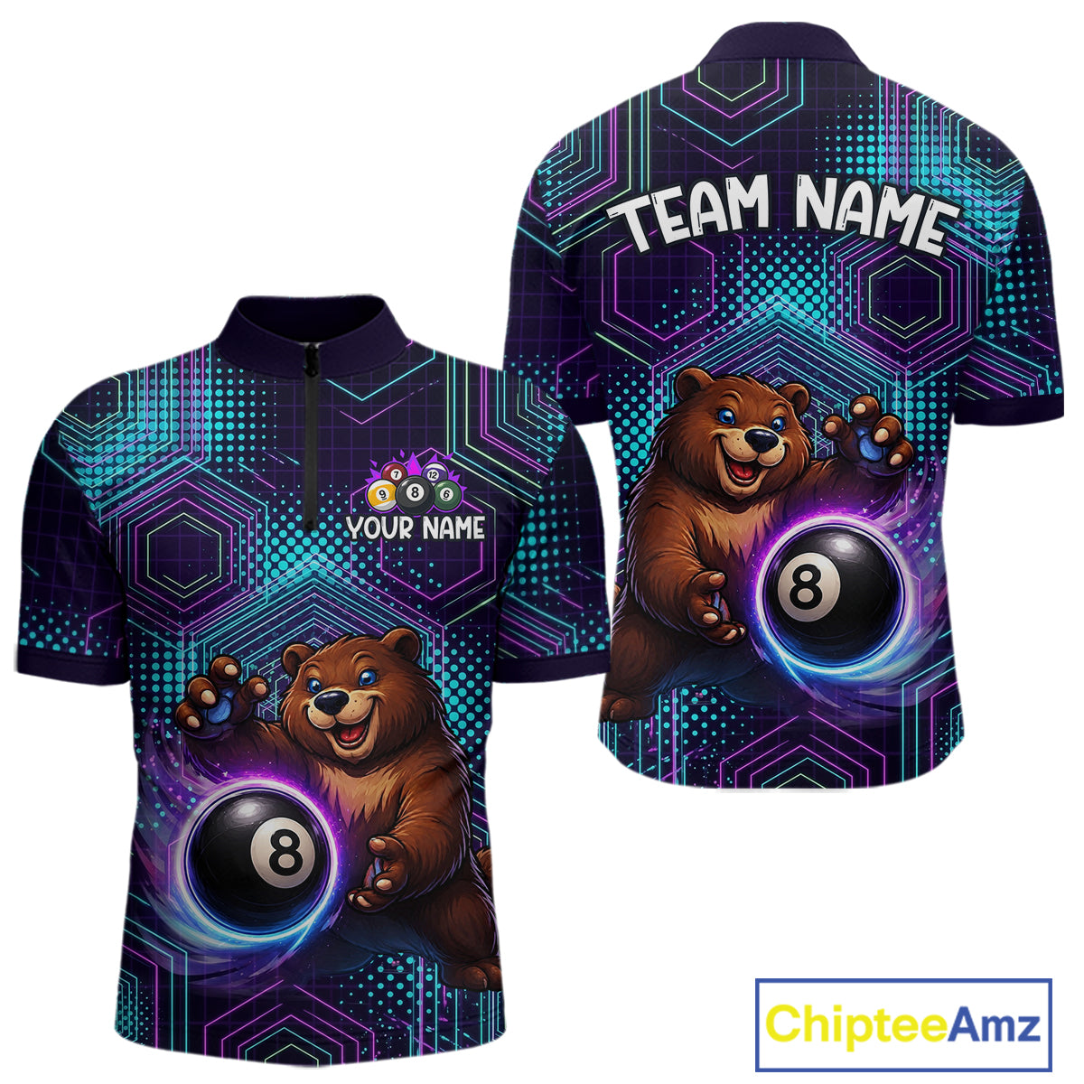 Two views of a quarter-zip shirt with a bear and 8-ball design on a geometric patterned background, featuring 'Chiptee Amz' branding.