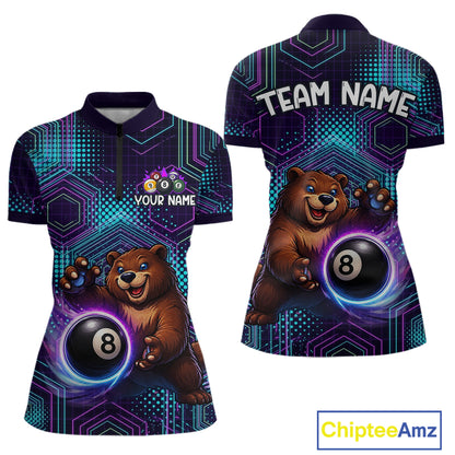 Customizable quarter-zip shirt with bear and pool ball design, featuring 'Your Name' and 'Team Name' text fields.