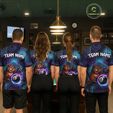 Load image into Gallery viewer, Four people wearing matching bowling shirts with a bear and ball design in a bowling alley.