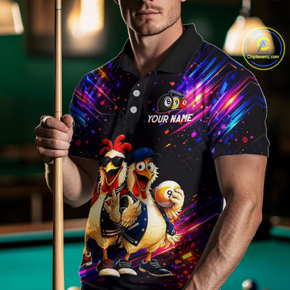 Custom Neon Funny Chicken Billiard Shirt for Men Colorful 8 Ball & 9 Ball Shirt Buddy Billiard Jersey BHT43