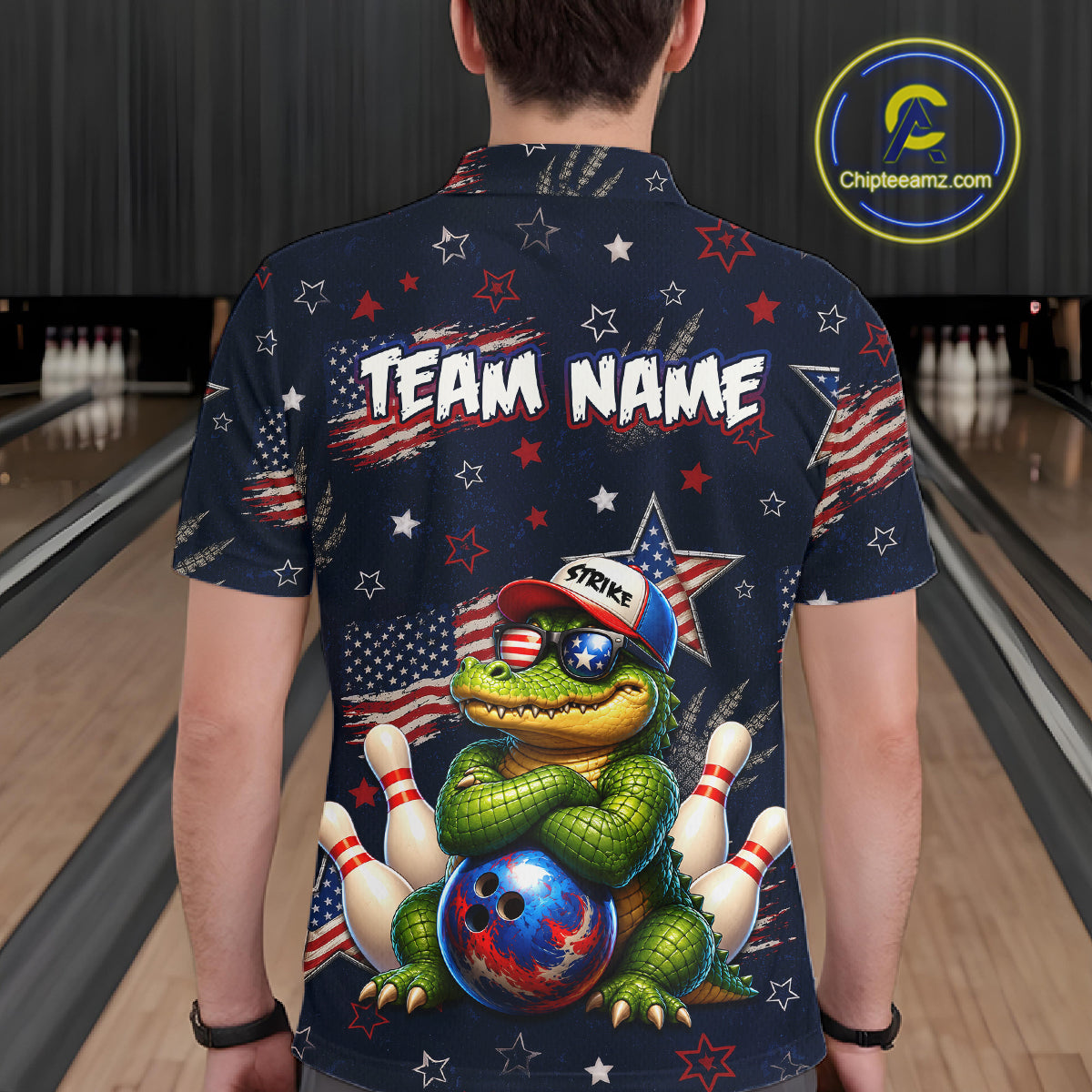 Custom American Flag Alligator Bowling Shirt for Men Patriotic Bowling Jersey Polo & 1/4-Zip QZT1029