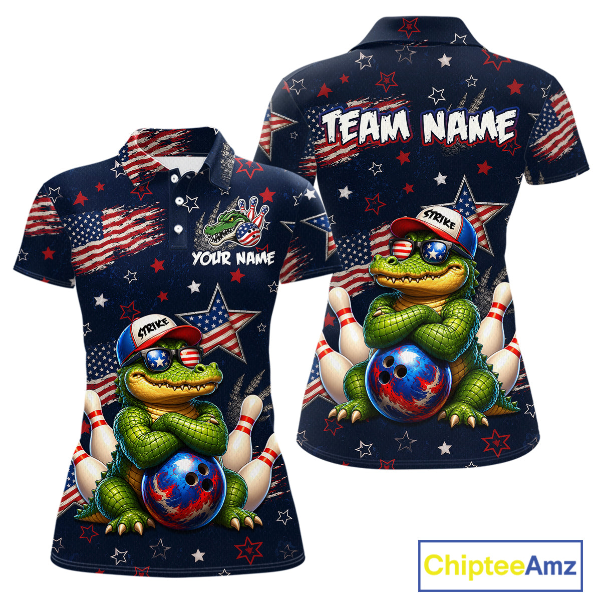 Custom American Flag Alligator Bowling Shirt for Women Patriotic Bowling Jersey Polo & 1/4-Zip QZT1029