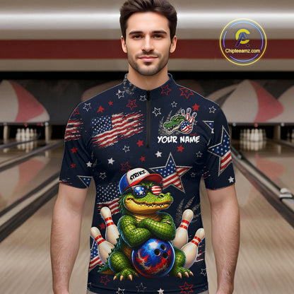Custom American Flag Alligator Bowling Shirt for Men Patriotic Bowling Jersey Polo & 1/4-Zip QZT1029