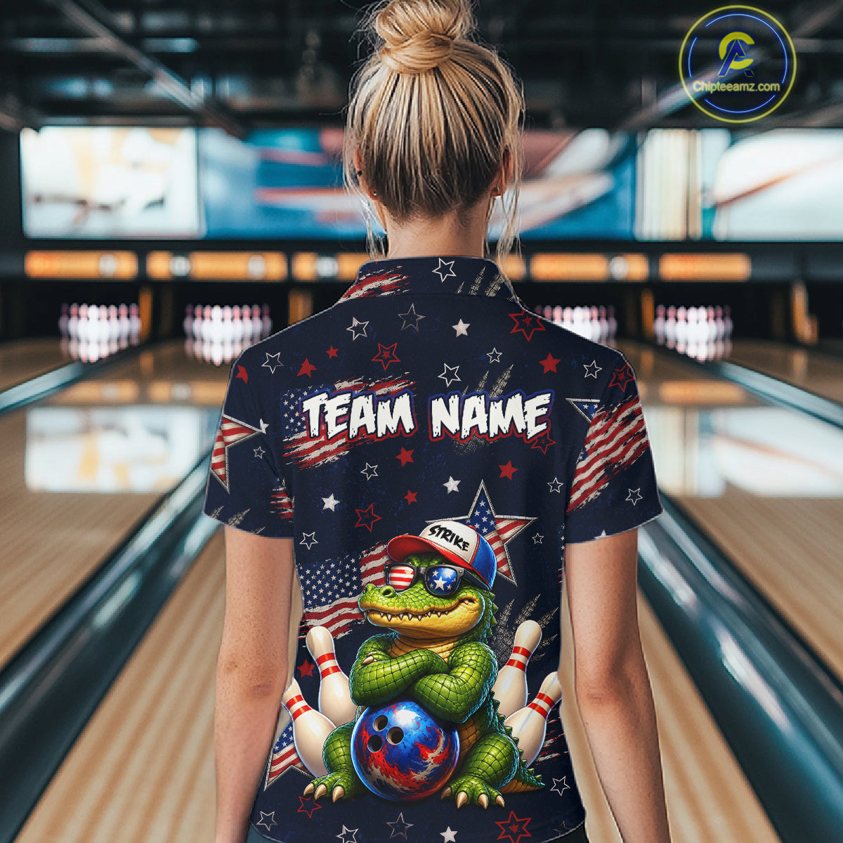 Custom American Flag Alligator Bowling Shirt for Women Patriotic Bowling Jersey Polo & 1/4-Zip QZT1029