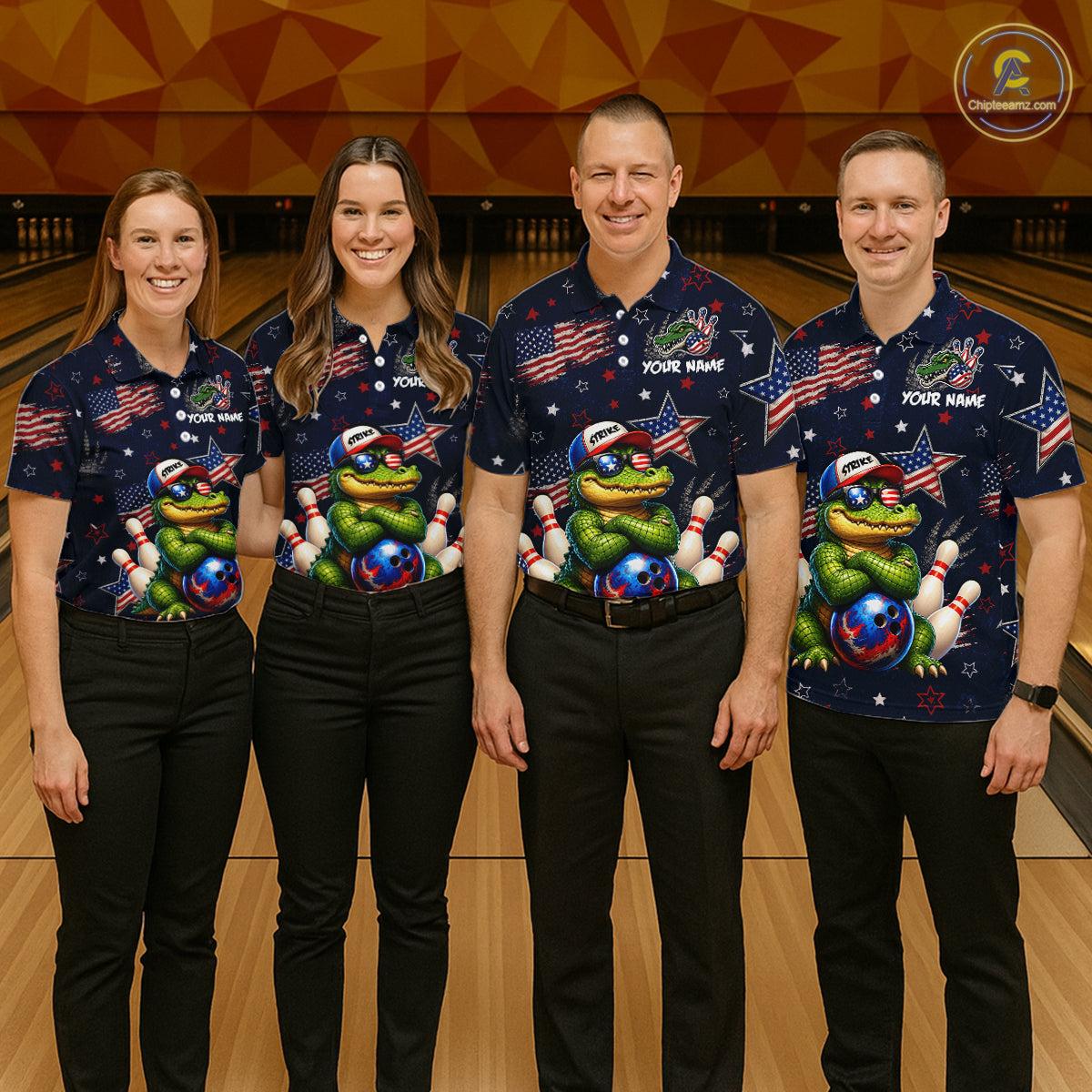 Custom American Flag Alligator Bowling Shirt for Men Patriotic Bowling Jersey Polo & 1/4-Zip QZT1029