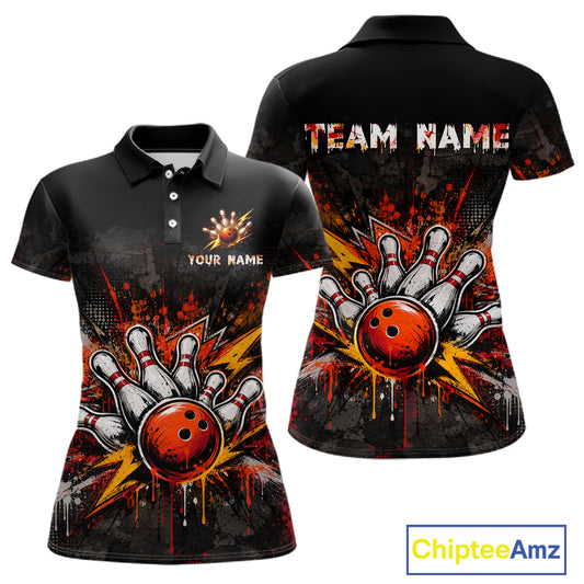 Black short-sleeve polo shirt shown from front and back with a bowling-themed graphic featuring bowling pins, a red bowling ball, and paint-splatter effects. The front has placeholder text reading 'YOUR NAME' and 'TEAM NAME' on the chest and back.