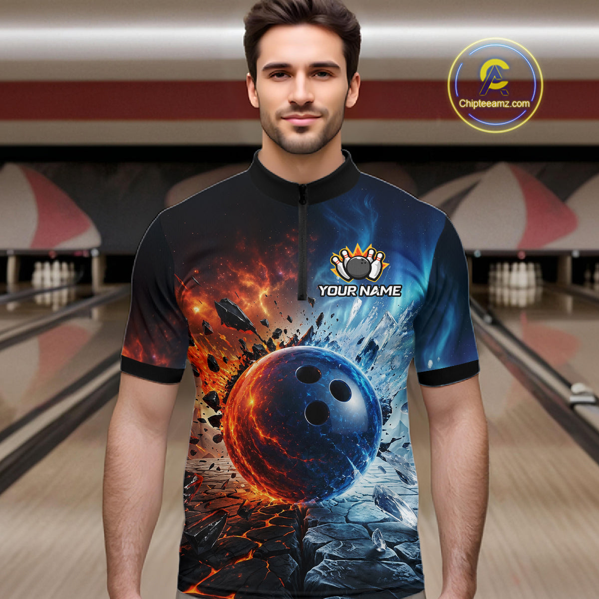Custom Fire & Ice Bowling Shirt Bowling Team Jersey for Men Polo & 1/4-Zip QZT1218
