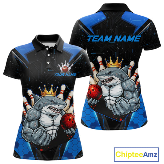 Custom Blue Funny Shark Bowling Team Shirt Bowling Jersey for Women Polo & Quarter-Zip QZT949