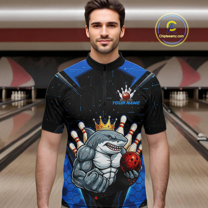 Custom Blue Funny Shark Bowling Team Shirt Bowling Jersey for Men Polo & Quarter-Zip QZT949