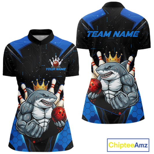 Custom Blue Funny Shark Bowling Team Shirt Bowling Jersey for Women Polo & Quarter-Zip QZT949