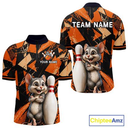 Black & Orange Funny Mouse Bowling Team Shirt for Men Custom Bowling Jersey Polo & Quarter-Zip QZT1033