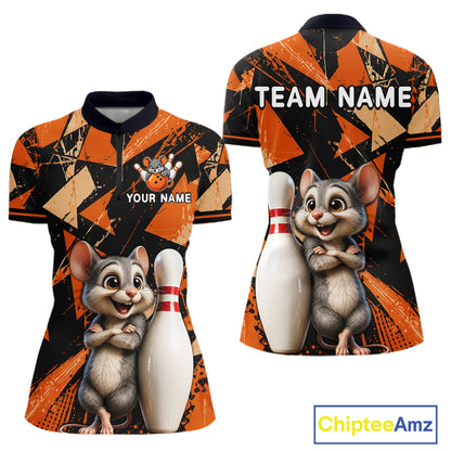 Black & Orange Funny Mouse Bowling Team Shirt for Women Custom Bowling Jersey Polo & Quarter-Zip QZT1033