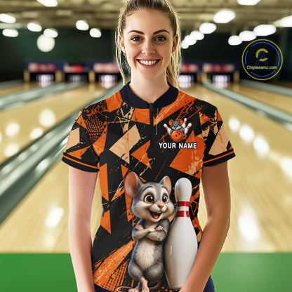 Black & Orange Funny Mouse Bowling Team Shirt for Women Custom Bowling Jersey Polo & Quarter-Zip QZT1033