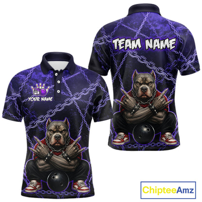 Custom purple cool pit bull bowling polo shirt, front and back views, bowling league jersey for men
