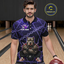 Load image into Gallery viewer, Man wearing custom purple cool pit bull bowling polo shirt, front view mockup, personalized bowling league jersey.