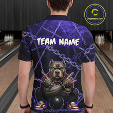 Load image into Gallery viewer, Man wearing custom purple cool pit bull  bowling polo shirt, back view mockup with team name design.