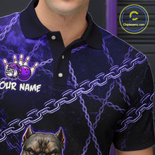 Load image into Gallery viewer, Close-up collar view of custom purple cool pit bull bowling polo shirt with personalized name detail.