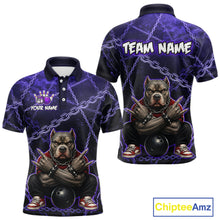 Load image into Gallery viewer, Custom purple cool pit bull bowling polo shirt, front and back views, bowling league jersey for men