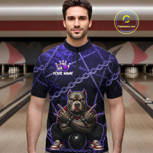 Load image into Gallery viewer, Man wearing custom purple cool pit bull bowling 1/4 zip shirt, front view mockup, personalized bowling league jersey.