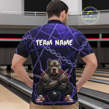 Man wearing custom purple cool pit bull bowling 1/4 zip shirt, back view mockup with team name design.