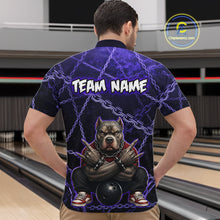 Load image into Gallery viewer, Man wearing custom purple cool pit bull bowling 1/4 zip shirt, back view mockup with team name design.