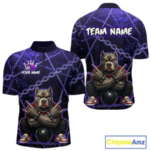 Load image into Gallery viewer, Custom purple cool pit bull  bowling quarter-zip shirt, front and back views, bowling league jersey for men