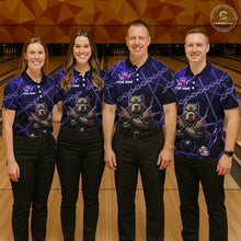 Load image into Gallery viewer, Bowling team wearing custom purple cool pit bull bowling shirts, group front view mockup with team name design.