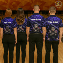Load image into Gallery viewer, Bowling team wearing custom purple cool pit bull bowling shirts, group back view mockup, personalized team jerseys.