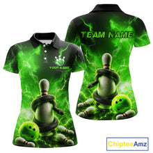 Load image into Gallery viewer, Green and black bowling-themed polo shirts with customizable text on a white background.